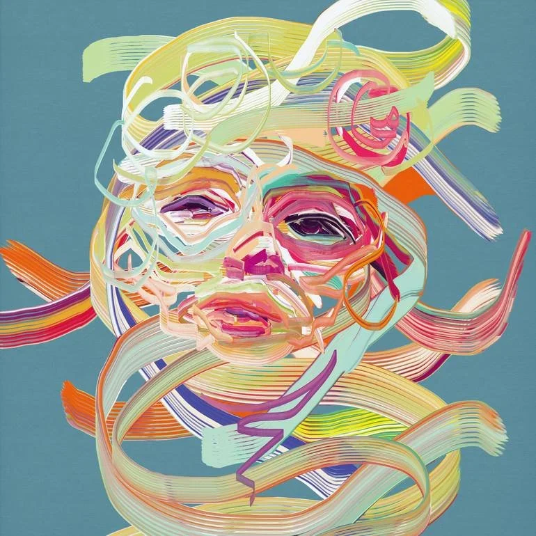 Abstract digital illustration of a Marilyn's face created with colorful swirling brushstrokes on a muted blue background. Artist Czar Catstick via BFA Gallery Online British Bespoke Fine Art Limited Edition Artworks, Prints 