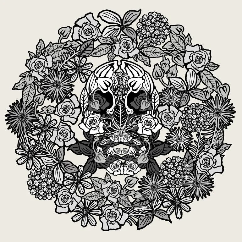 Artist Czar Catstick via BFA Gallery Online Fine Art Limited Edition Artworks, Prints and Photography A black and white digital op art illustration of a skull face composed of various flowers and leaves in a circular pattern.