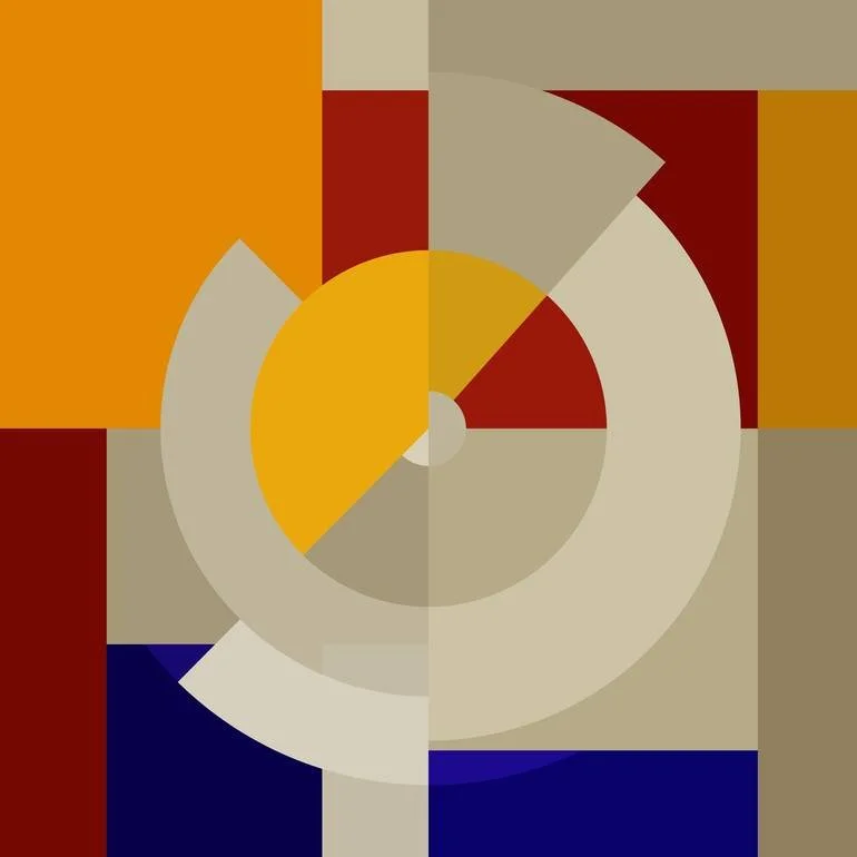 Abstract geometric artwork with concentric circles and blocks in red, orange, beige, navy blue, and yellow colors.