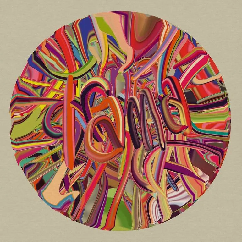 Colorful abstract art with the word 'friends' written in neon-style 3D lettering in the center, surrounded by swirling, vibrant patterns.
