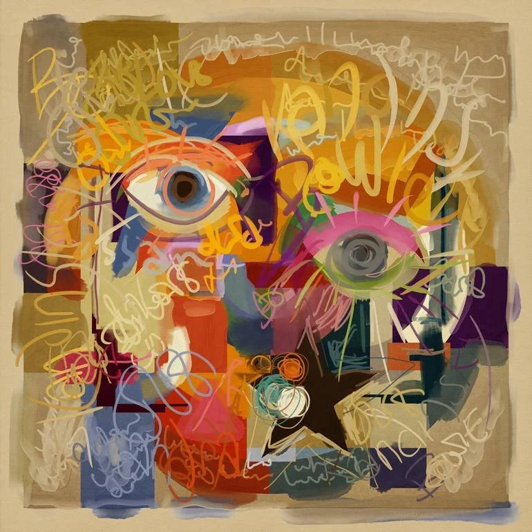 Bauwie Artwork. Abstract composition featuring multiple colorful eyes, scribbles, and shapes in vibrant hues of pink, orange, yellow, purple, blue, green, and black. Artist Czar Catstick via BFA Gallery Online British Bespoke Fine Art Limited Edition