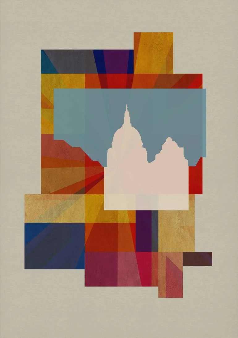 An abstract art piece with geometric shapes and colors, featuring a silhouette of Saint Paul's London in the center. Artist Czar Catstick via BFA Gallery Online British Bespoke Fine Art Limited Edition Artworks, Prints 