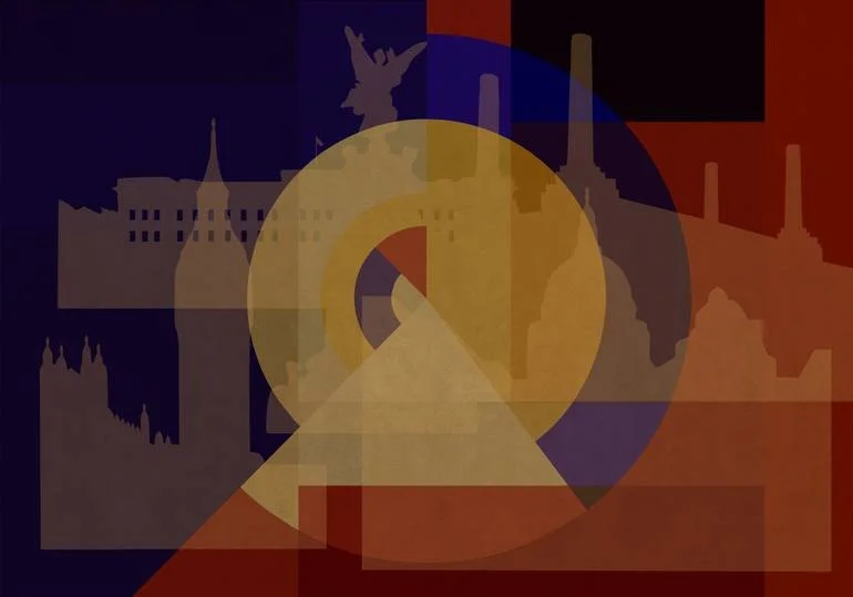 Abstract digital artwork with silhouettes of famous landmarks, including the Eiffel Tower and Big Ben, overlaid with geometric shapes and circles in warm tones.