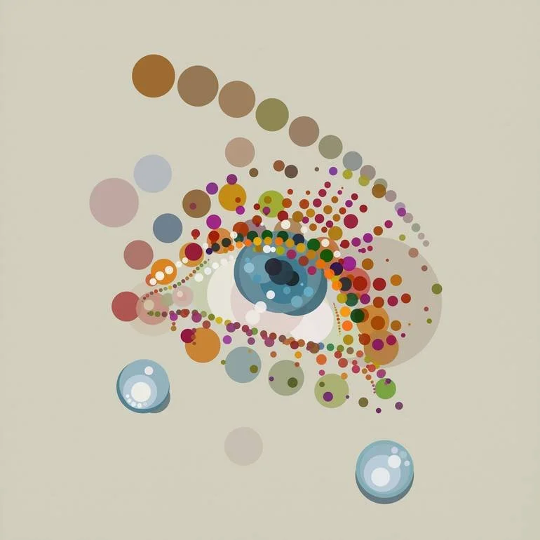 Man Ray inspired fizzy pop tears Artist Czar Catstick BFA Online Bespoke British Fine Art Gallery Giclee prints photography Artworks Deco Squares Series Abstract digital art of a human eye made with colorful circles on a beige background.