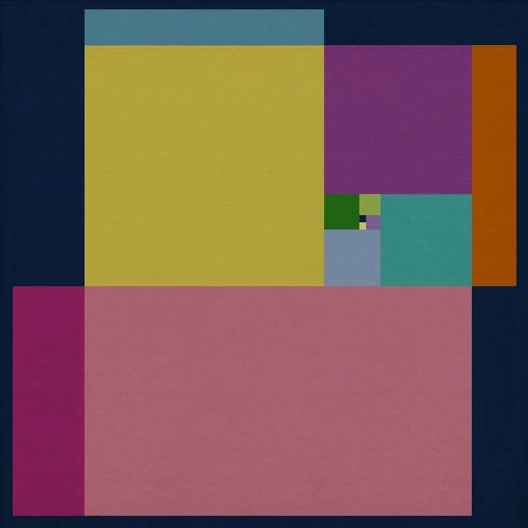 Fibonacci Inspired Abstract digital artwork featuring colorful overlapping squares and rectangles in shades of yellow, pink, purple, green, blue, and orange on a dark background. Artist Czar Catstick via BFA Gallery Online British Bespoke Fine Art Li