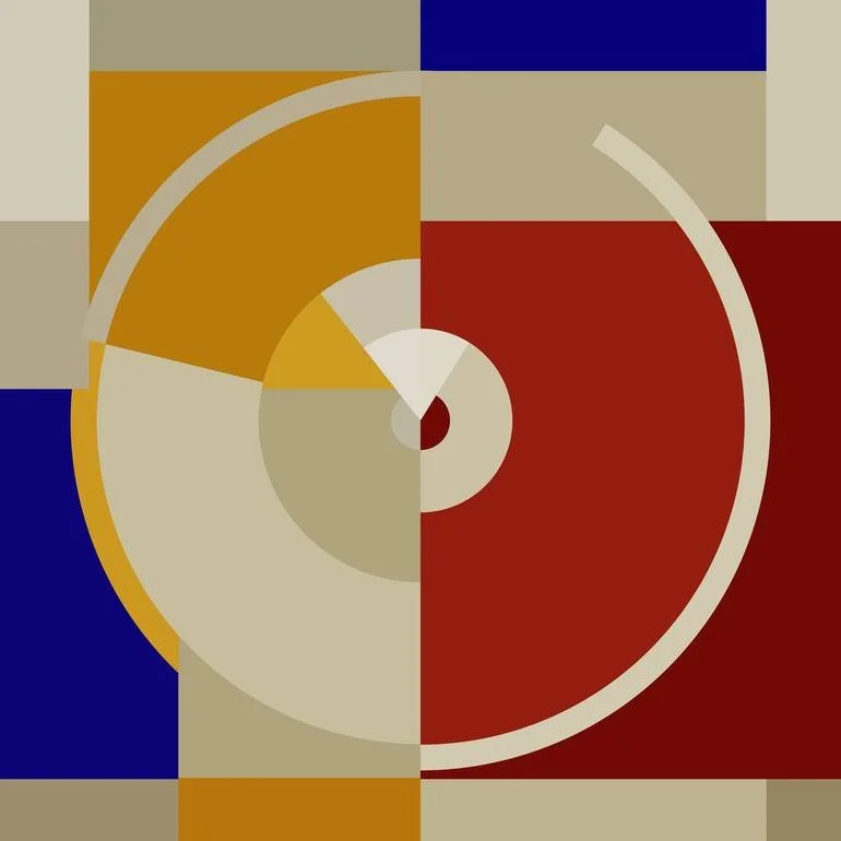Abstract geometric artwork with concentric circles and segments in navy blue, beige, red, orange, and cream colors.