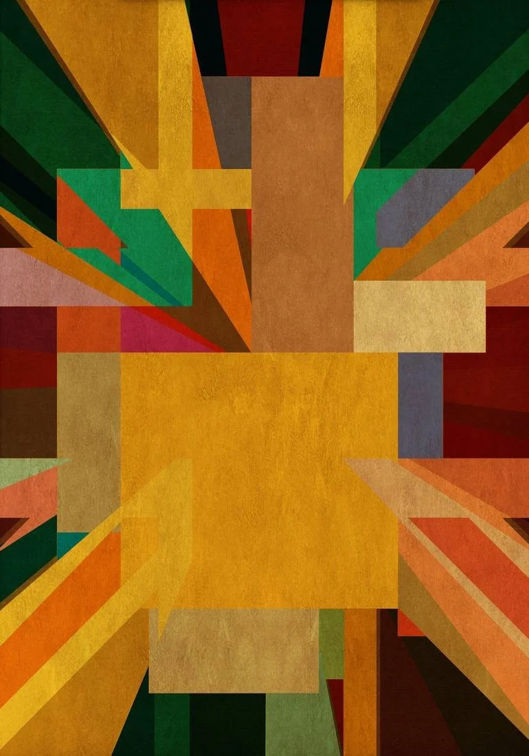 Artist Czar Catstick via BFA Gallery Online Fine Art Limited Edition Artworks, Prints and Photography Abstract geometric artwork with colorful rectangles and triangles in shades of yellow, orange, green, brown, and gray.
