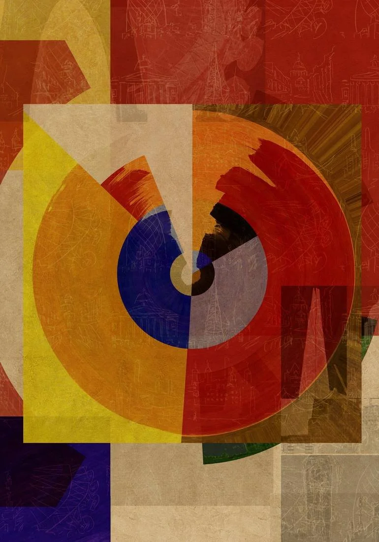 London Abstract geometric artwork with colorful overlapping circles and segments in shades of red, yellow, blue, black, and beige. BFA Fine Art Limited Edition Prints via BFA Online Gallery Artist Czar Catstick 