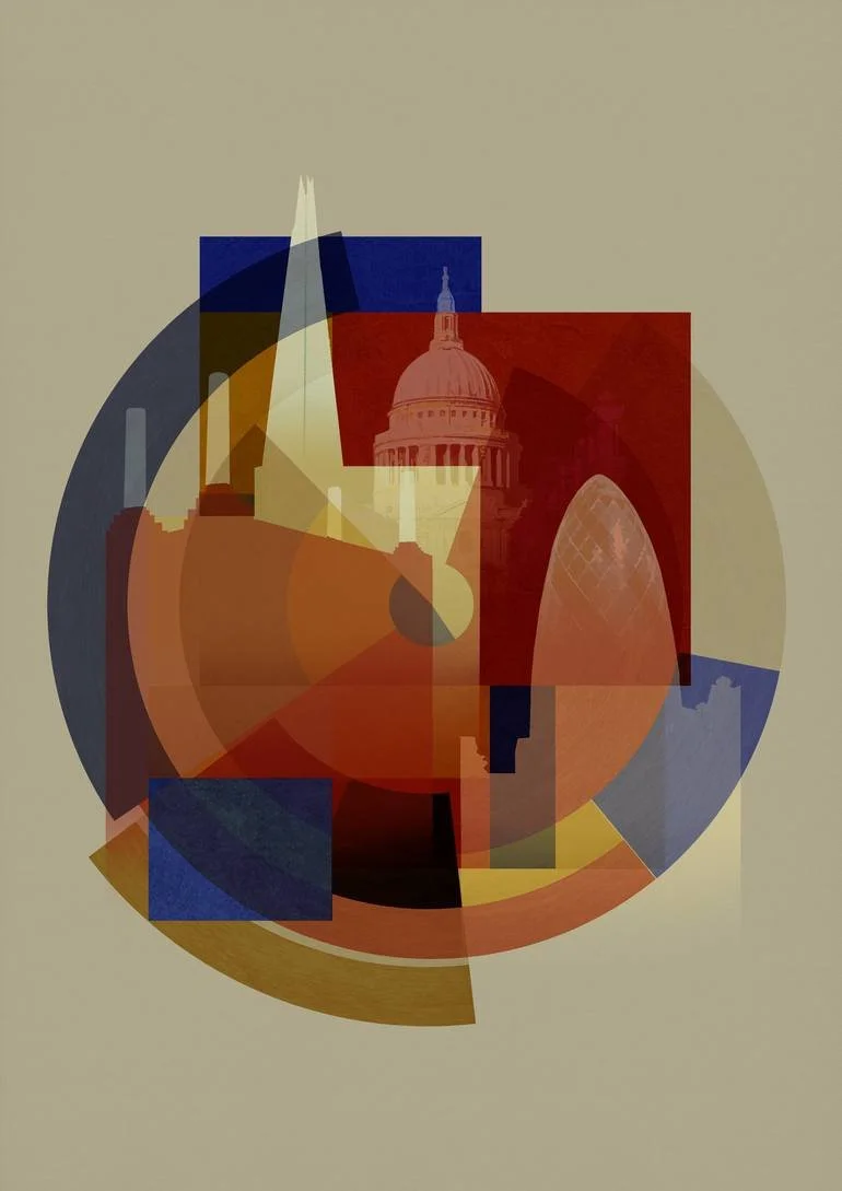 BFA Fine Art Limited Edition Prints via BFA Online Gallery Artist Czar Catstick Abstract digital artwork with geometric shapes and layered images of the St. Paul's Cathedral dome and the Gherkin building