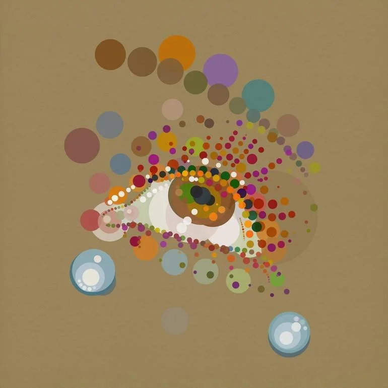 Man Ray Larmes Tears Artist Czar Catstick - included in the Saatchi Art Curators Choice Collection Abstract digital art of an eye composed of colorful circles on a beige background.