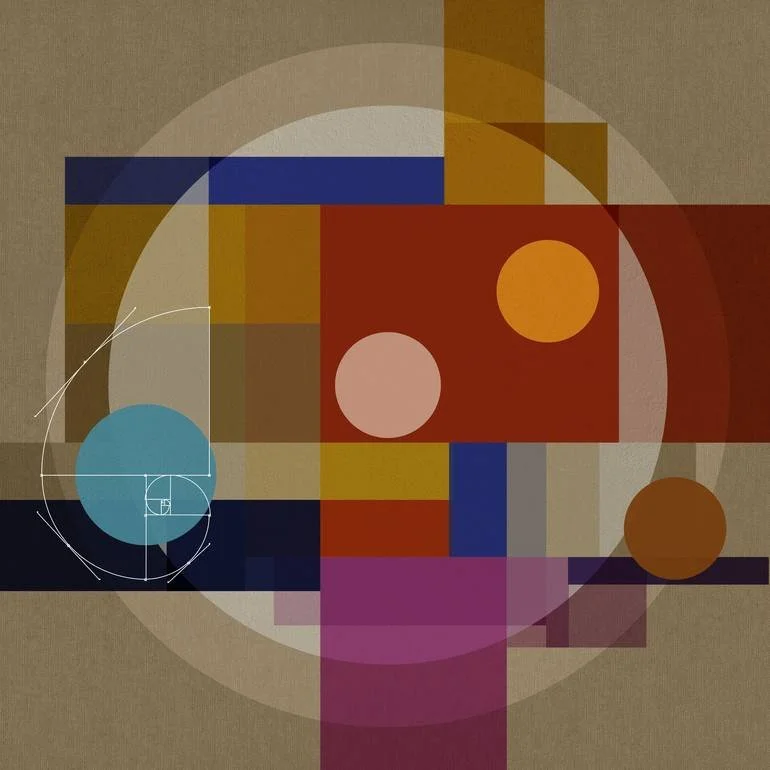 Artist Czar Catstick via BFA Gallery Online Fine Art Limited Edition Artworks, Prints and Photography Abstract geometric artwork with squares, circles, and rectangles in various colors including red, blue, yellow, and purple on a tan background.