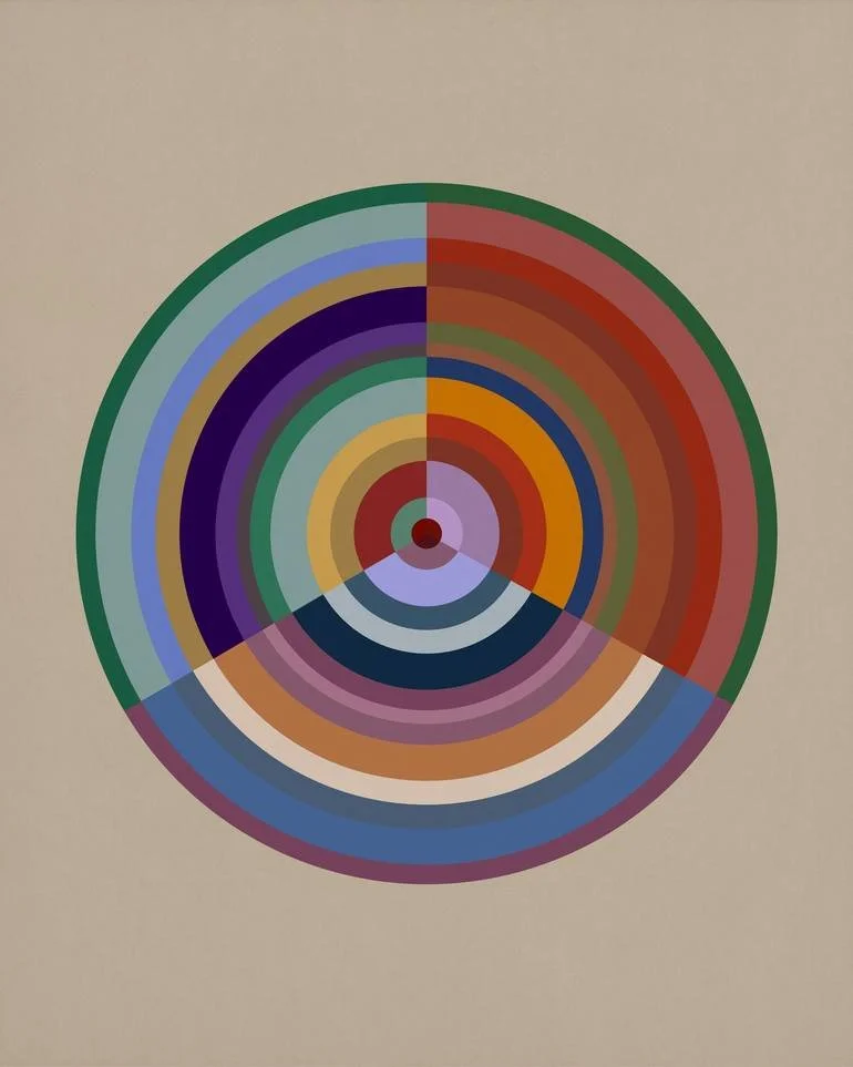 Circular abstract artwork with multicolored concentric rings on a beige background. Artist Czar Catstick via BFA Gallery Online British Bespoke Fine Art Limited Edition Artworks, Prints 