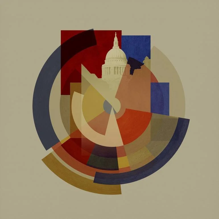 Abstract geometric artwork Saint Paul's London BFA Fine Art Limited Edition Prints via BFA Online Gallery Artist Czar Catstick , composed of layered colorful shapes such as circles, rectangles, and triangles