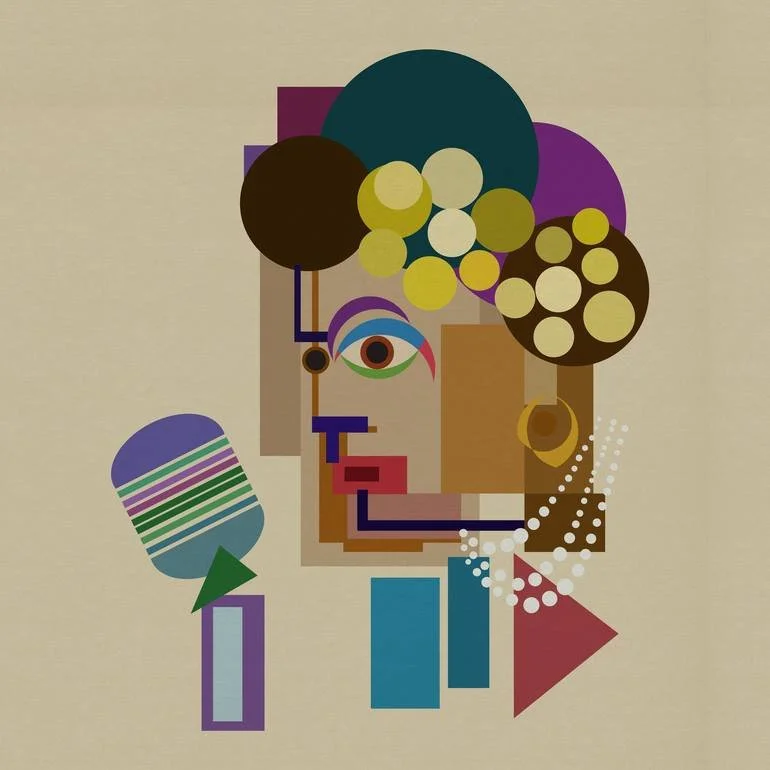 Artist Czar Catstick BFA Online Bespoke British Fine Art Gallery Giclee prints photography Artworks Billie Holiday Abstract digital illustration of a face composed of geometric shapes and colorful elements.