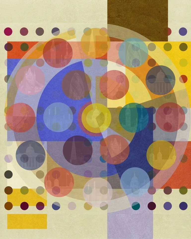 Artist Czar Catstick BFA Hub Online Bespoke British Fine Art Gallery Giclee prints Abstract digital artwork with colorful overlapping circles and geometric shapes, faint images of famous landmarks like Saint Paul'sand Big Ben, in a collage style.