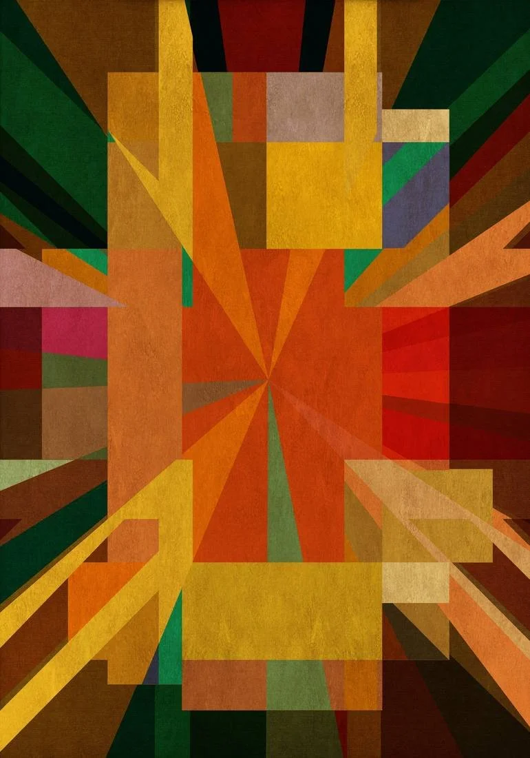 Artist Czar Catstick via BFA Gallery Online Fine Art Limited Edition Artworks, Prints and Photography An abstract geometric art piece with colorful rectangular and triangular shapes in shades of orange, yellow, red, green, brown, and purple, radiatin