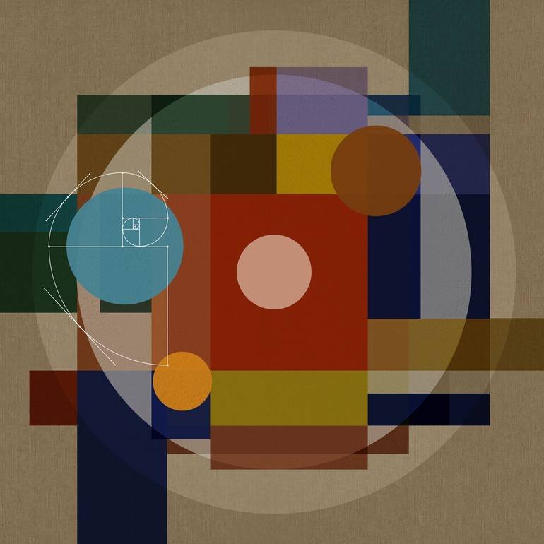 Artist Czar Catstick via BFA Gallery Online Fine Art Limited Edition Artworks, Prints and Photography Abstract geometric artwork with overlapping squares, circles, and rectangles in various muted colors on a textured background.