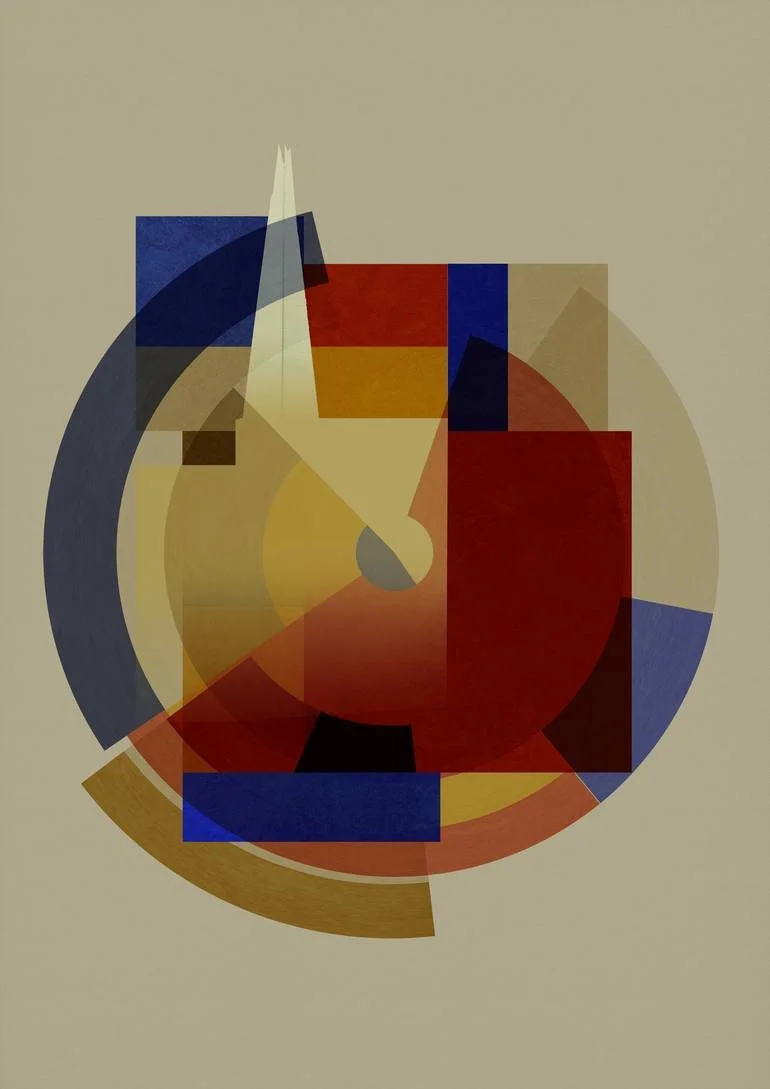 BFA Fine Art Limited Edition Prints via BFA Online Gallery Artist Czar Catstick Abstract geometric artwork with overlapping shapes in shades of red, blue, yellow, black, and beige on a light beige background.