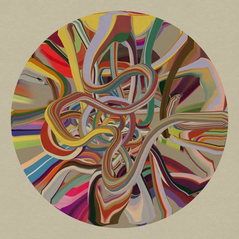 Colorful abstract painting with multicolored swirling lines within a circle.