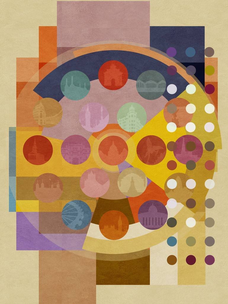 Abstract geometric artwork featuring overlapping circles and squares with silhouettes of famous landmarks from around London, set against a multicolored background. Artist Czar Catstick via BFA Gallery Online British Bespoke Fine Art Limited Edition 