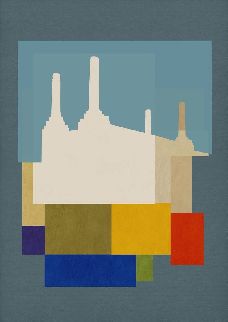 Abstract digital painting featuring a stylized Battersea Power Station silhouette with colorful geometric shapes at the bottom. Artist Czar Catstick via BFA Gallery Online British Bespoke Fine Art Limited Edition Artworks, Prints 