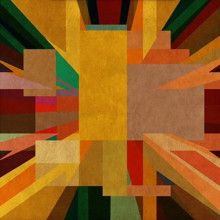 Artist Czar Catstick via BFA Gallery Online Fine Art Limited Edition Artworks, Prints and Photography Abstract geometric artwork with rectangular and triangular shapes in warm colors like yellow, orange, red, and green, creating a vibrant, dynamic co
