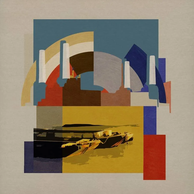 Battersea BFA Fine Art Limited Edition Prints via BFA Online Gallery Artist Czar Catstick Abstract geometric artwork featuring The Thames with boats and a city skyline with tall buildings in the background, composed of Art Deco color blocks