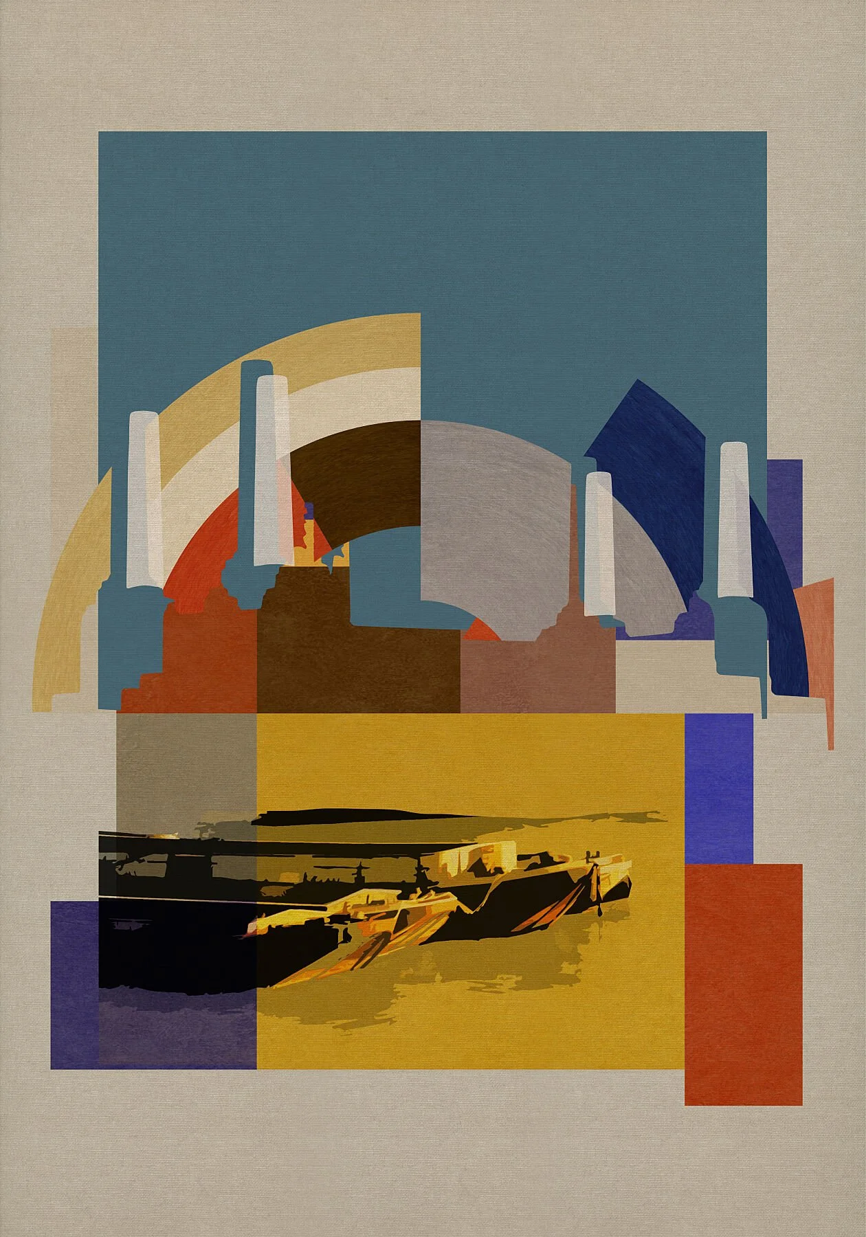Battersea Power BFA Fine Art Limited Edition Prints via BFA Online Gallery Abstract digital art depicting a landscape with boats on water in front of large geometric shapes and structures, with a color palette of blues, yellows, browns, and oranges.