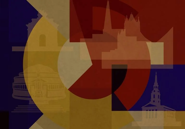Abstract geometric image with overlapping circles, rectangles, and segments in red, yellow, blue, and black, featuring faint outlines of architectural landmarks.