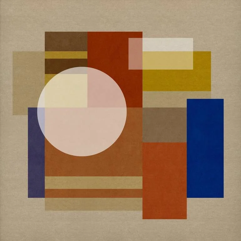 Abstract geometric artwork featuring overlapping rectangles and a large circle in warm earth tone colors with beige, red, yellow, brown, navy blue, and light pink. Artist Czar Catstick via BFA Gallery Online British Bespoke Fine Art Limited Edition A