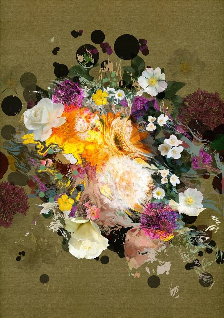 An abstract digital art piece with colorful flower arrangements, swirling patterns, and black dots on a brown background. Artist Czar Catstick via BFA Gallery Online British Bespoke Fine Art Limited Edition Artworks, Prints 