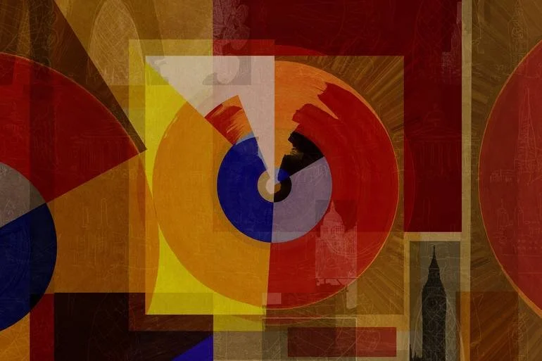 BFA Fine Art Limited Edition Prints via BFA Online Gallery Artist Czar Catstick Abstract digital artwork with geometric shapes and vibrant colors, including circles, rectangles, and a silhouette of Big Ben in the lower right corner.