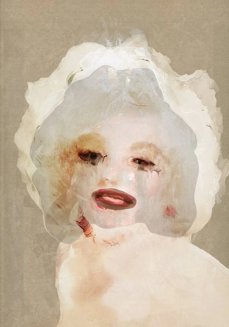 Artist Czar Catstick BFA Online Bespoke British Fine Art Gallery Giclee prints photography Artworks Marilyn Monroe Abstract portrait of a Monroe with exaggerated lips and painted tears, with an expressive and blurry watercolor style.