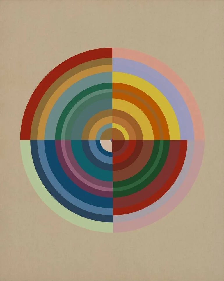 Artist Czar Catstick BFA Online Bespoke British Fine Art Gallery Giclee prints photography Artworks Deco Squares Series Colorful concentric circles with various segments and a small red dot at the center, set against a beige background.