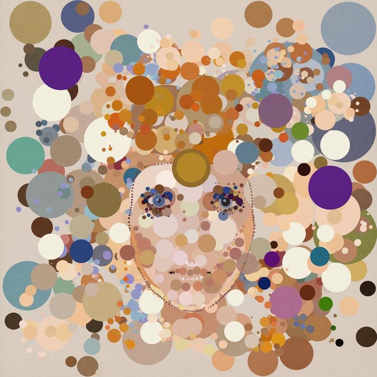 Artist Czar Catstick BFA Online Bespoke British Fine Art Gallery Giclee prints photography Artworks David Bowie Portrait created with various colored circles forming a ziggy's face with blue eyes.