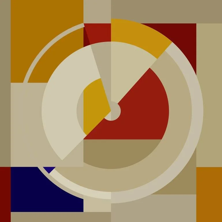 Abstract geometric artwork with concentric circles and squares in shades of red, beige, gold, and dark blue.