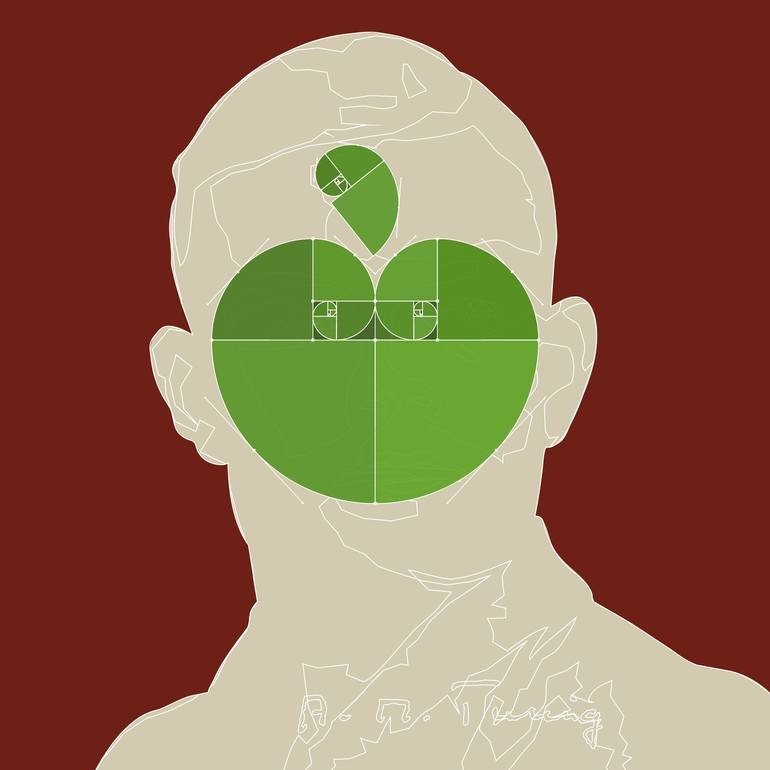 Alan Turing Digital Portrait via BFA Bespoke Fine Arts Gallery Artist Czar Catstick A stylized vector outline of Turing's face replaced by a Fibonacci spiral complete with digital vectors signature