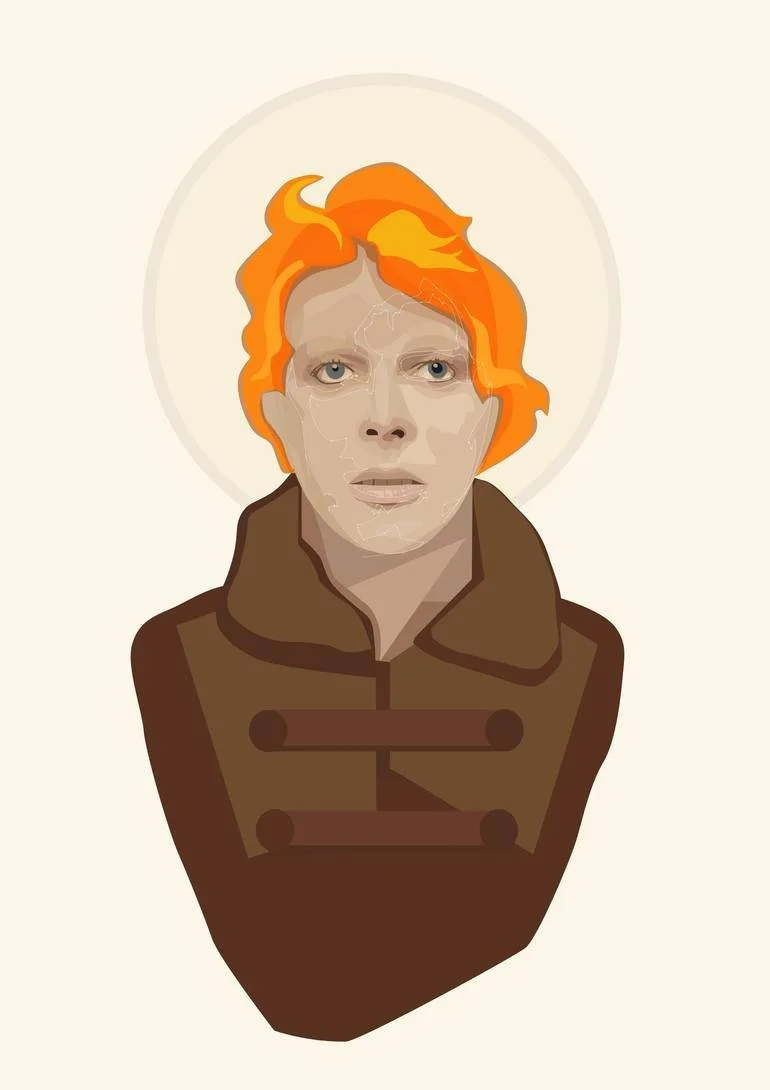 Digital illustration of a David Bowie as alien Thomas Jerome Newton from the man who fell to earth  with orange-red hair, wearing a brown coat, with an abstract halo-like circle behind the head. Artist Czar Catstick via BFA Gallery Online Fine Art Li