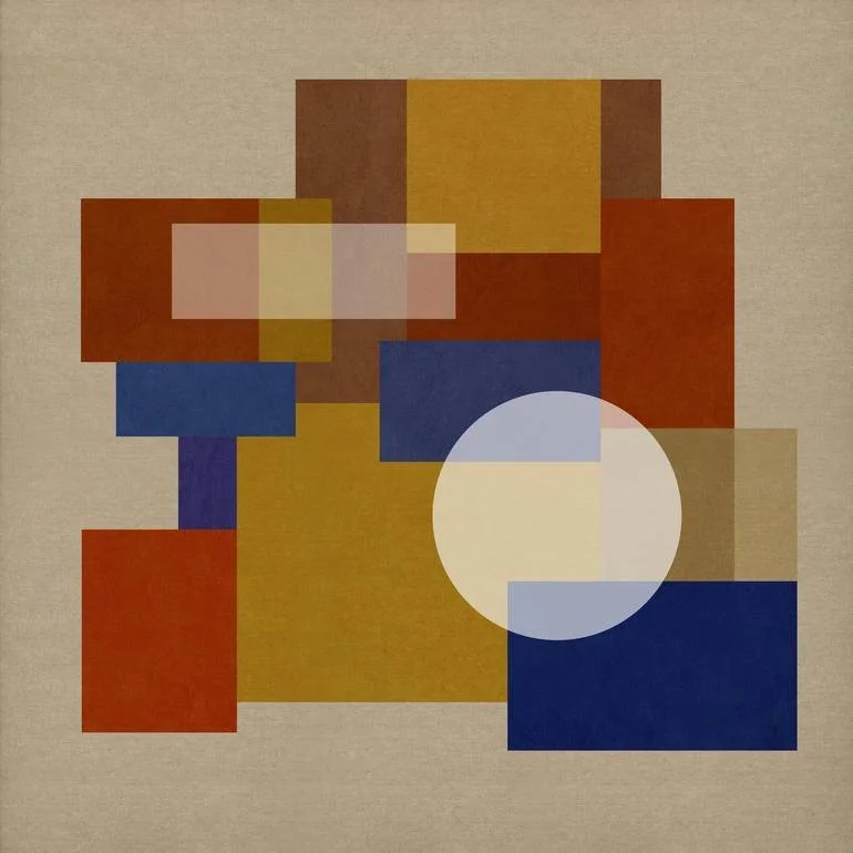 Abstract artwork featuring overlapping squares and rectangles in shades of red, yellow, blue, beige, and brown, with a large white circle at the center. Artist Czar Catstick via BFA Gallery Online British Bespoke Fine Art Limited Edition Artworks, Pr