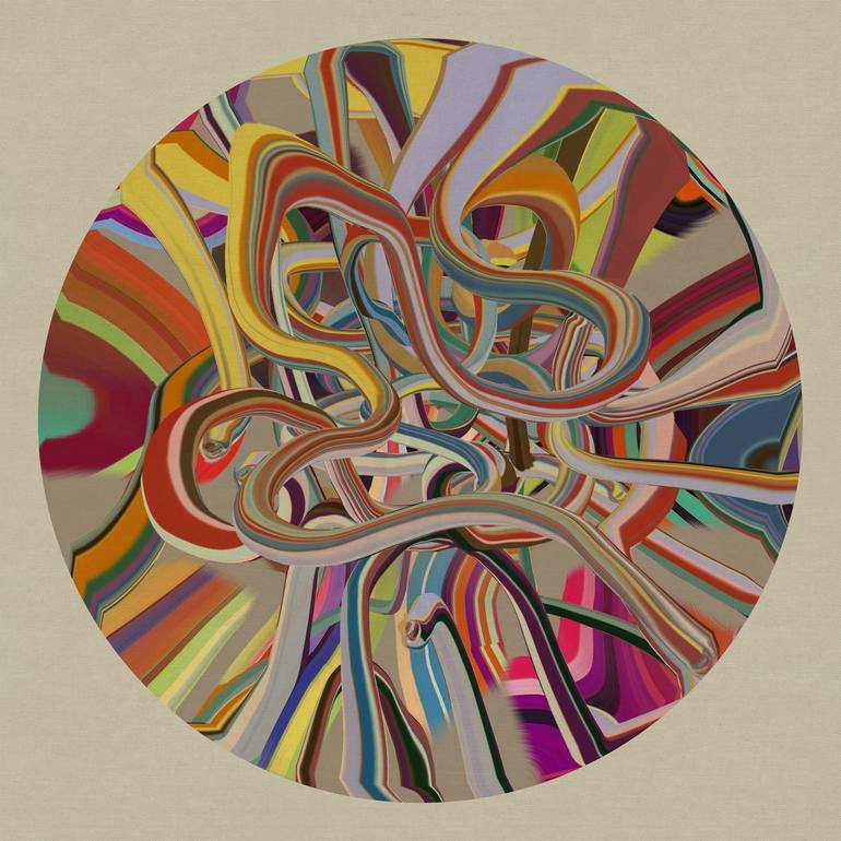 Abstract art with colorful, swirling, intertwined lines inside a circular shape on a beige background.