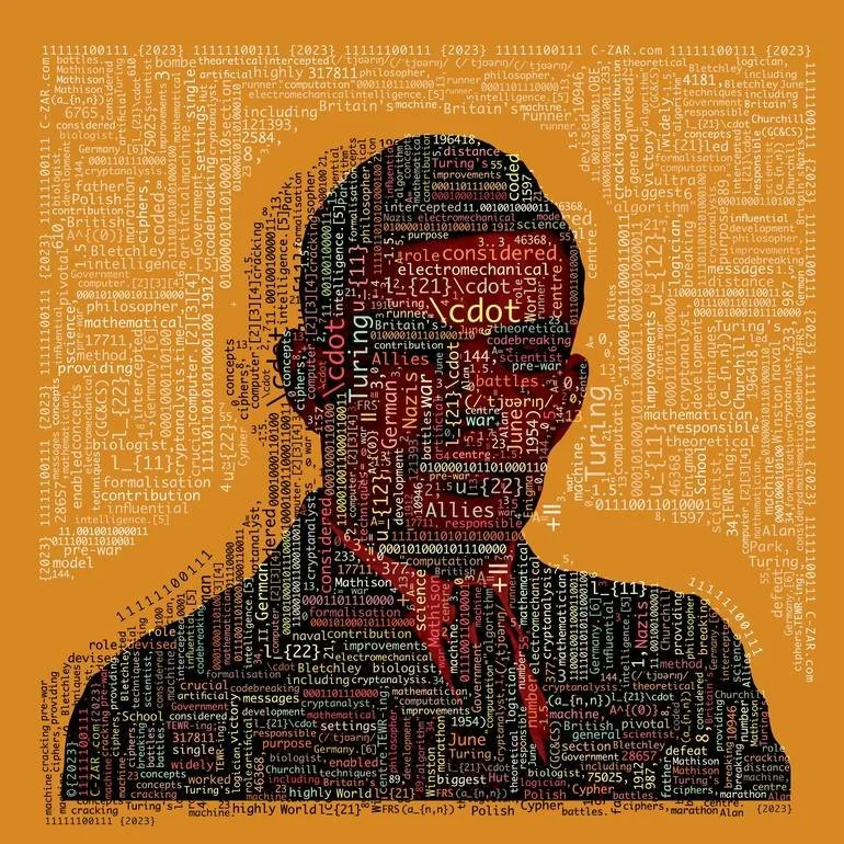 Alan Turing Digital Portrait via BFA Bespoke Fine Arts Gallery Artist Czar Catstick portrait of Alan Turing, featuring text related to his contributions to computing and cryptography, with a background in shades of brown and orange.