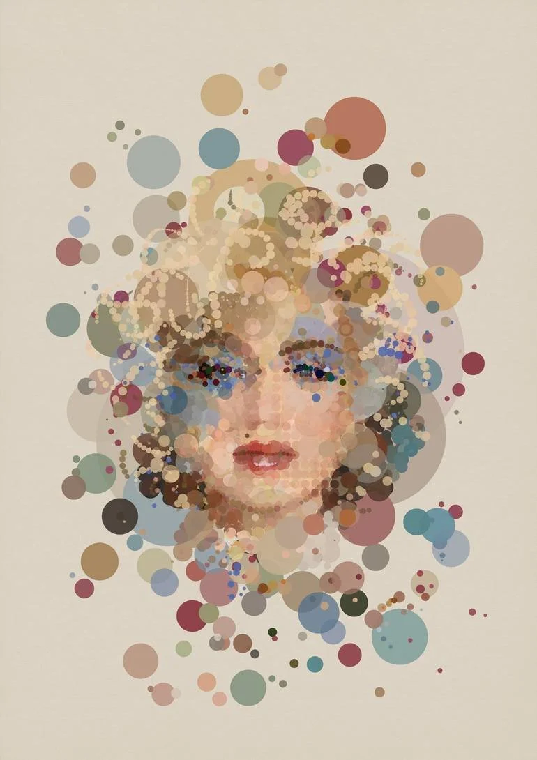 Fizzy Pop Art Digital art of Madonna's face created with colorful circles and dots of various sizes. Artist Czar Catstick via BFA Gallery Online British Bespoke Fine Art Limited Edition Artworks, Prints 
