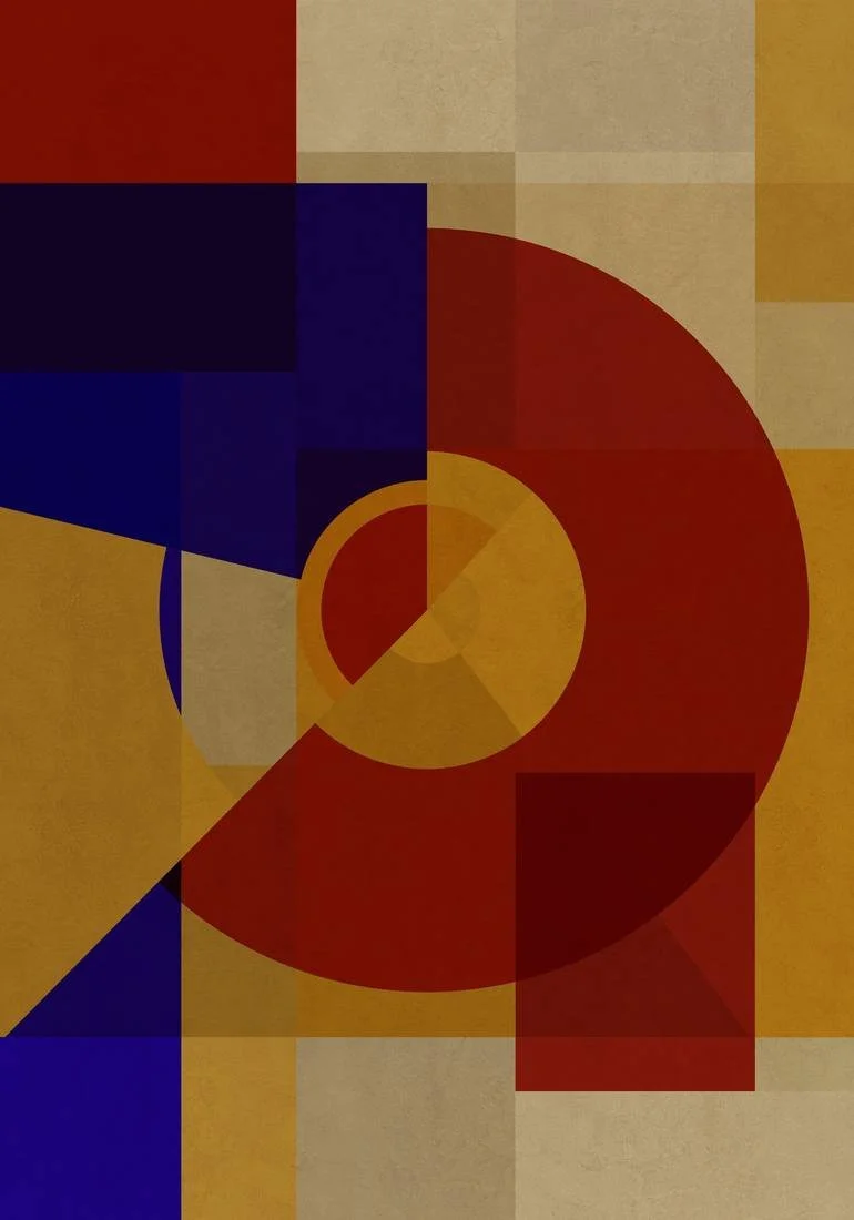Abstract geometric artwork featuring overlapping shapes in red, blue, yellow, and beige.