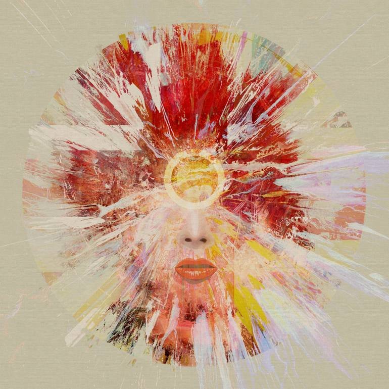 Abstract artwork of a woman's face with closed eyes and red lips, surrounded by an explosion of colorful paint splashes and light effects.