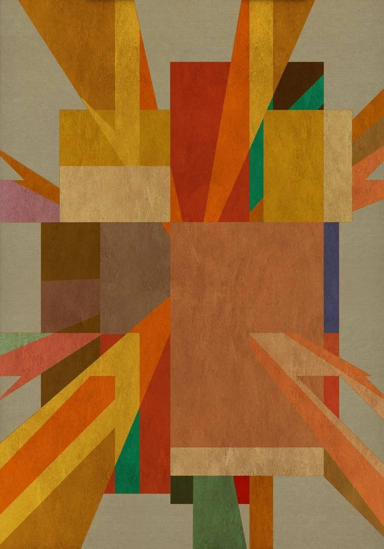 Artist Czar Catstick via BFA Gallery Online Fine Art Limited Edition Artworks, Prints and Photography Abstract geometric artwork with rectangles and triangles in warm colors like orange, yellow, red, and brown, with some green and teal accents.