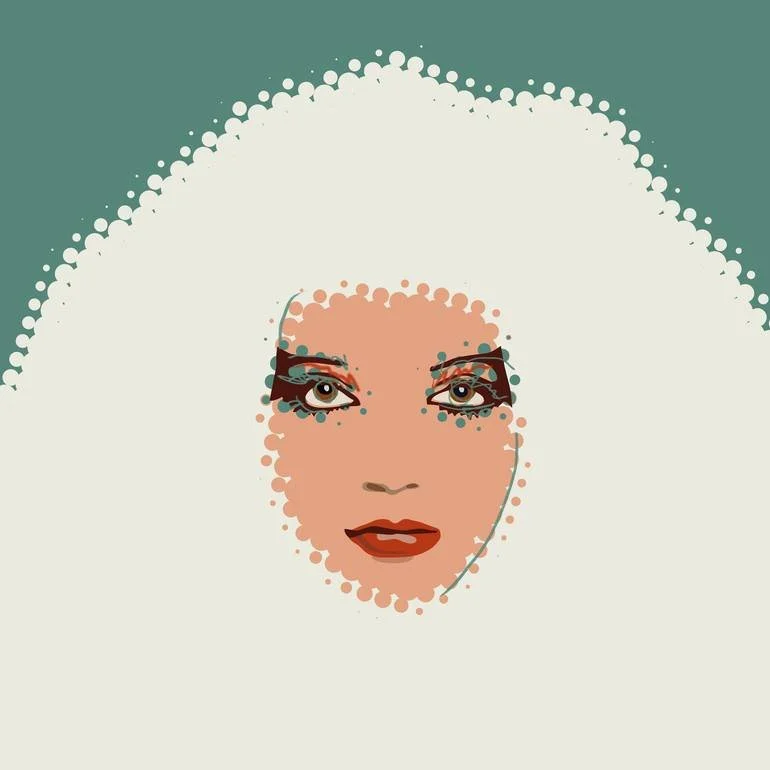 Artist Czar Catstick BFA Online Bespoke British Fine Art Gallery Giclee prints photography Artworks Kate Bush Portrait Digital illustration of a kate's face with makeup, against a teal background.
