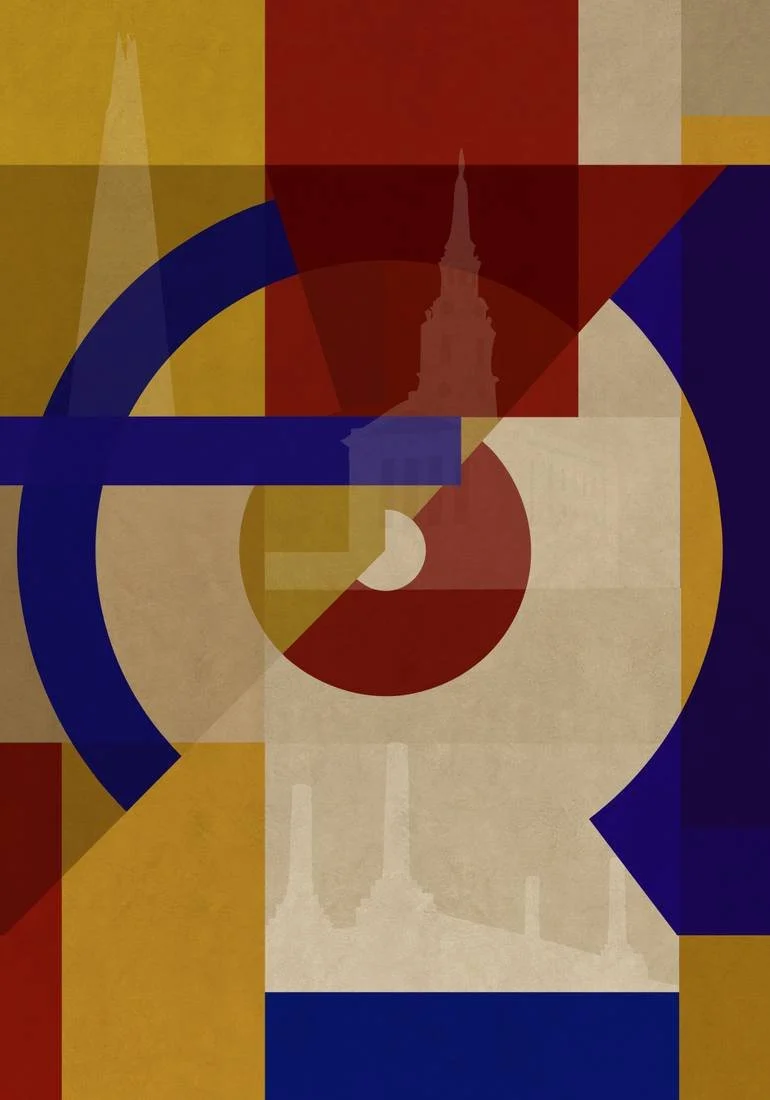 Abstract digital artwork with geometric shapes and overlapping colors, featuring the silhouette of a cityscape and a clock face with a central red circle.