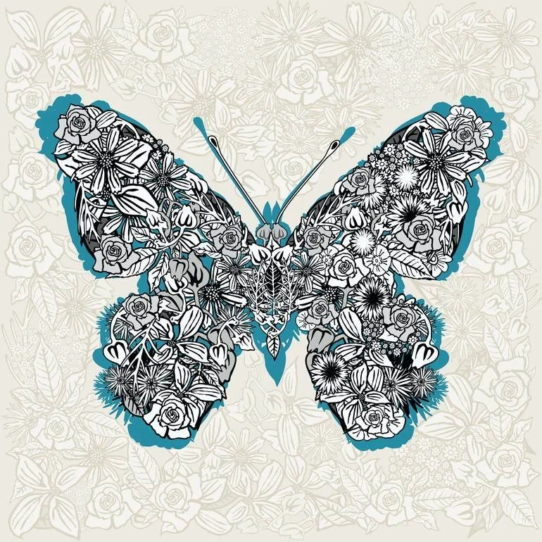 Artist Czar Catstick via BFA Gallery Online Fine Art Limited Edition Artworks, Prints and Photography Stylized butterfly composed of black and white floral patterns with blue accents, set against a light background with a faint floral pattern.