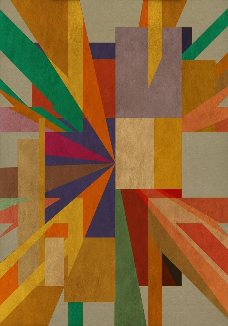 Artist Czar Catstick via BFA Gallery Online Fine Art Limited Edition Artworks, Prints and Photography Abstract geometric artwork with colorful rectangles and triangles pointing inward, creating a dynamic pattern.