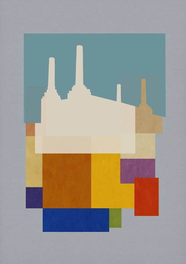 Abstract artwork with blocks of various colors and a silhouette of Battersea Power Station in white and beige on top. Artist Czar Catstick via BFA Gallery Online British Bespoke Fine Art Limited Edition Artworks, Prints 